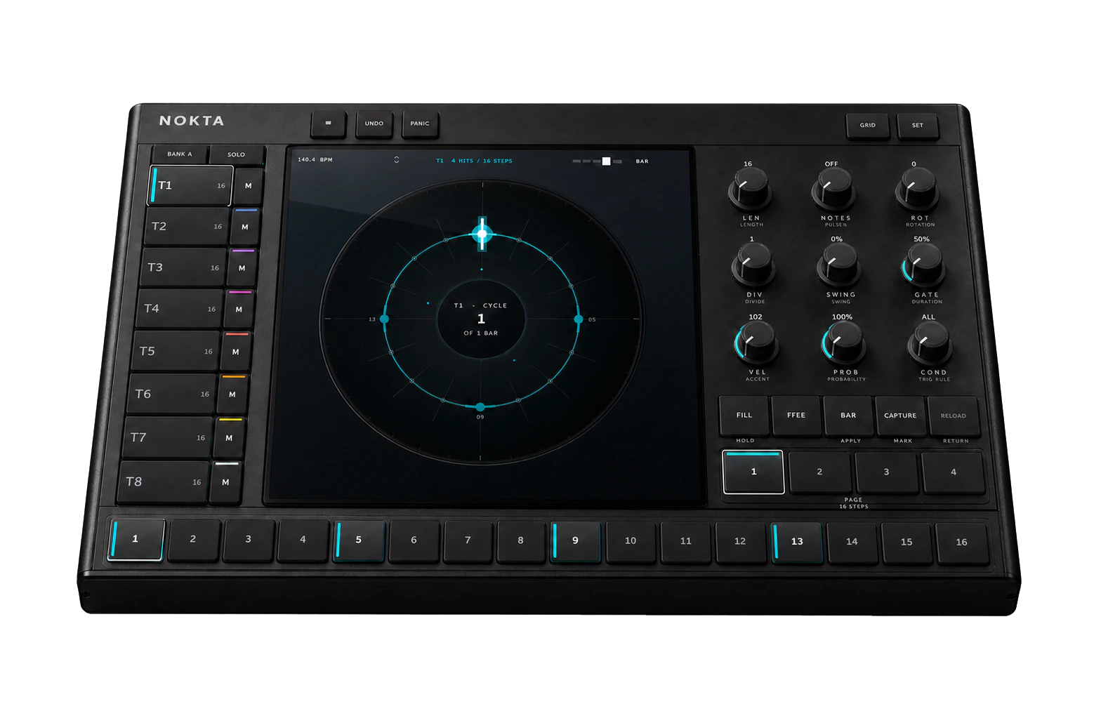 NOKTA hardware instrument in three-quarter view, with its orbital sequencer, nine controls and sixteen trigger keys